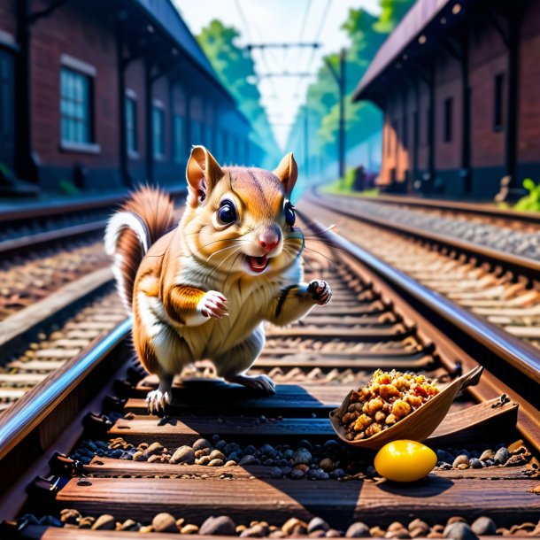 Uma foto de um esquilo voador comendo um esquilo voador nas ferrovias