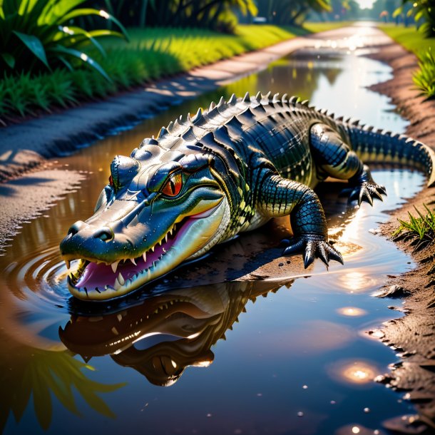 Photo of a drinking of a alligator in the puddle