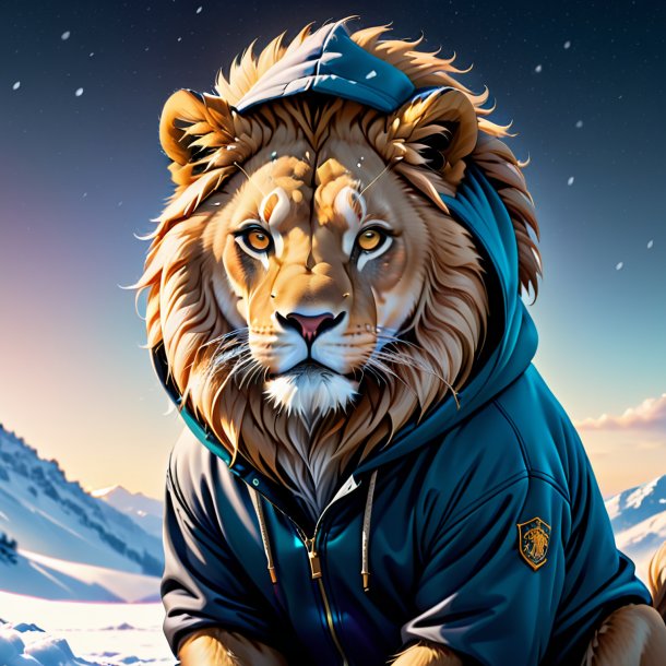 Ilustración de un león en una sudadera con capucha en la nieve