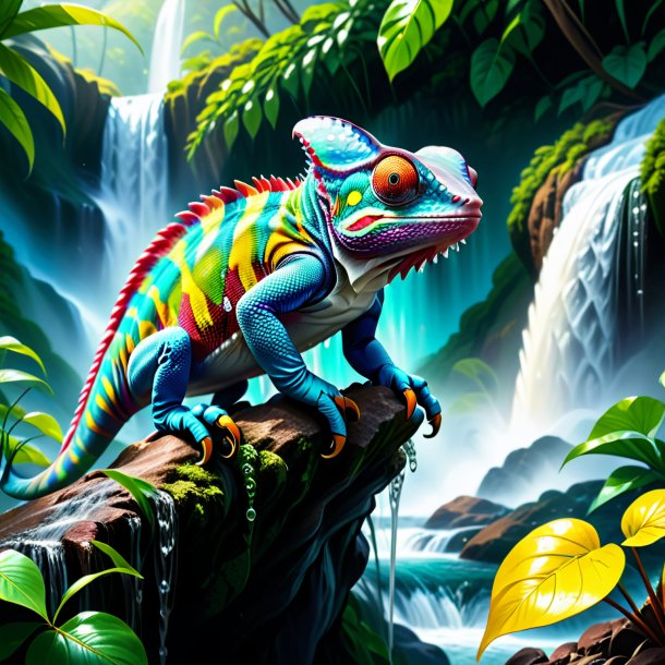 Drawing of a chameleon in a gloves in the waterfall