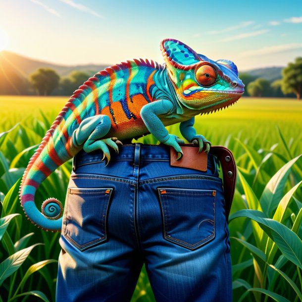 Drawing of a chameleon in a jeans on the field