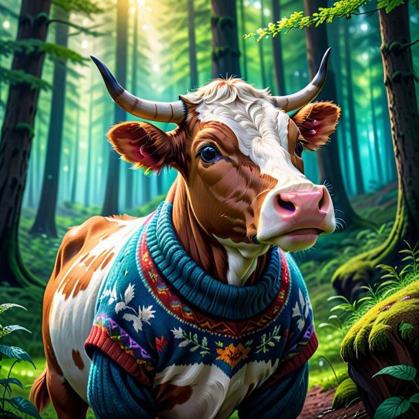 Drawing of a cow in a sweater in the forest