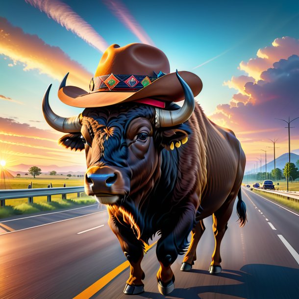 Ilustración de un búfalo en un sombrero en la carretera