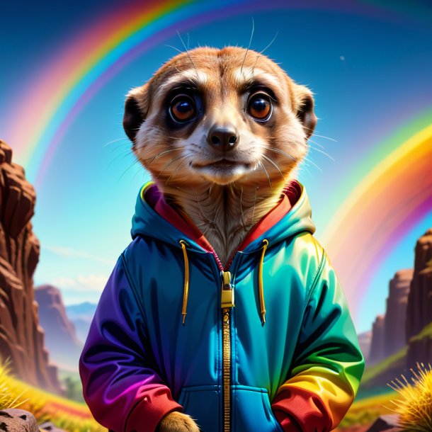 Illustration of a meerkat in a hoodie on the rainbow