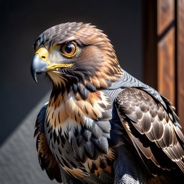 Image of a hawk in a gray sweater