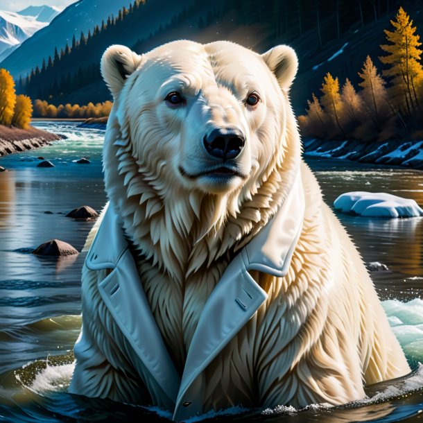 Image of a polar bear in a coat in the river