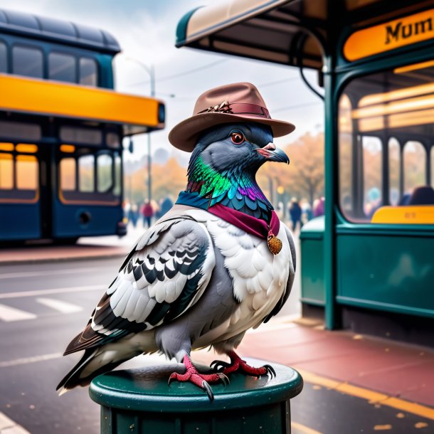 Image of a pigeon in a hat on the bus stop