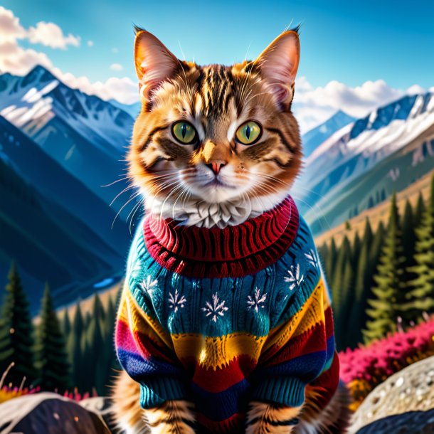 Photo of a cat in a sweater in the mountains