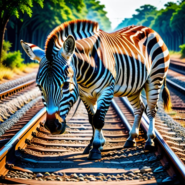 De uma bebida de uma zebra nos trilhos ferroviários