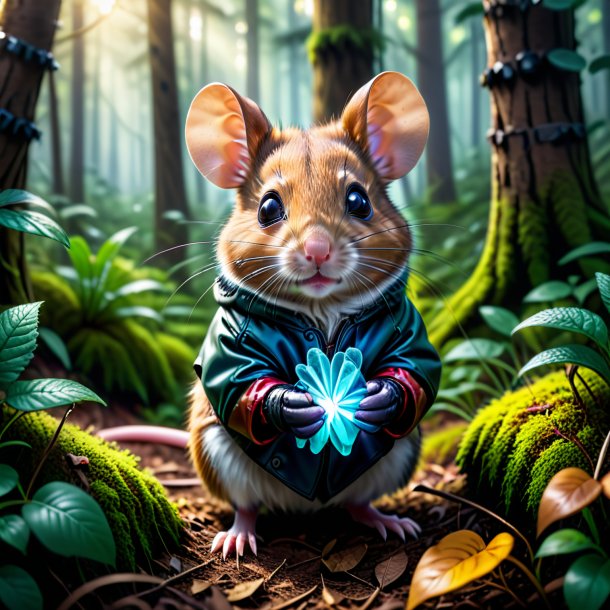 Photo of a mouse in a gloves in the forest