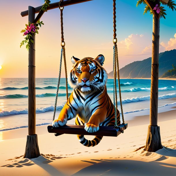 Picture of a swinging on a swing of a tiger on the beach