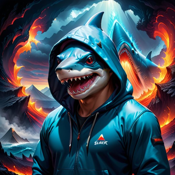 Drawing of a shark in a hoodie in the volcano