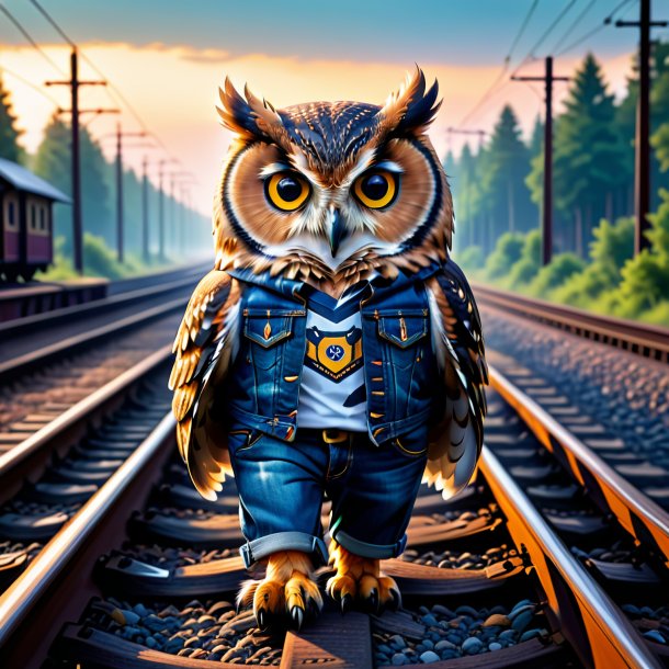 Picture of a owl in a jeans on the railway tracks