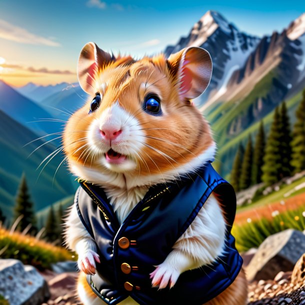 Pic of a hamster in a vest in the mountains