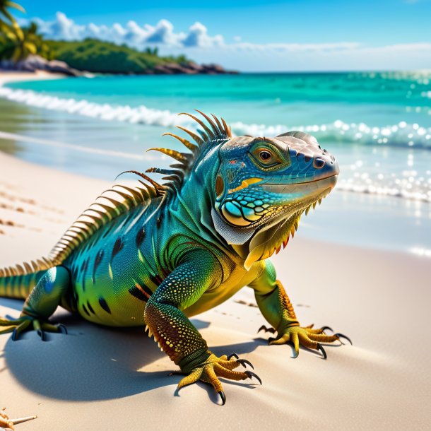 Imagem de uma natação de uma iguana na praia