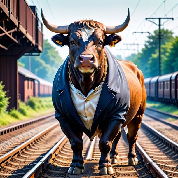 Picture of a bull in a coat on the railway tracks