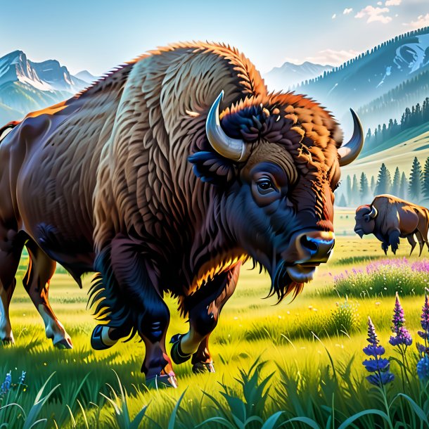 Image of a playing of a bison in the meadow