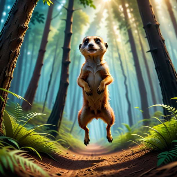 Photo of a jumping of a meerkat in the forest