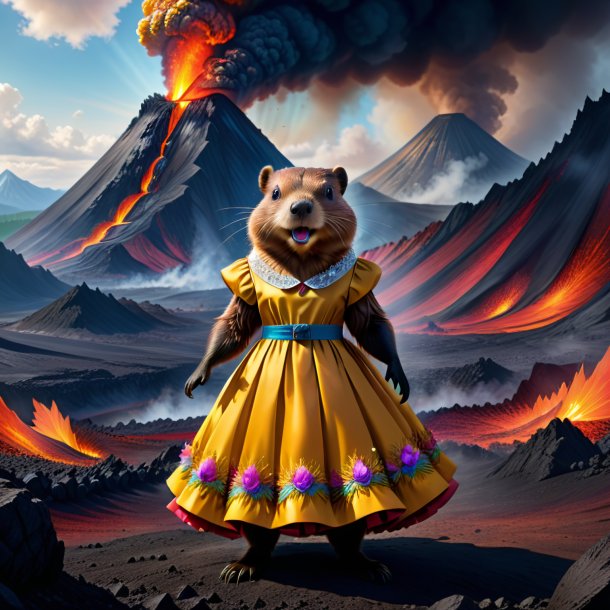 Drawing of a beaver in a dress in the volcano