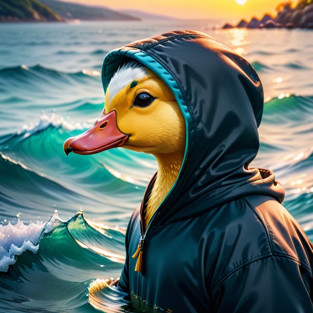 Pic of a duck in a hoodie in the sea