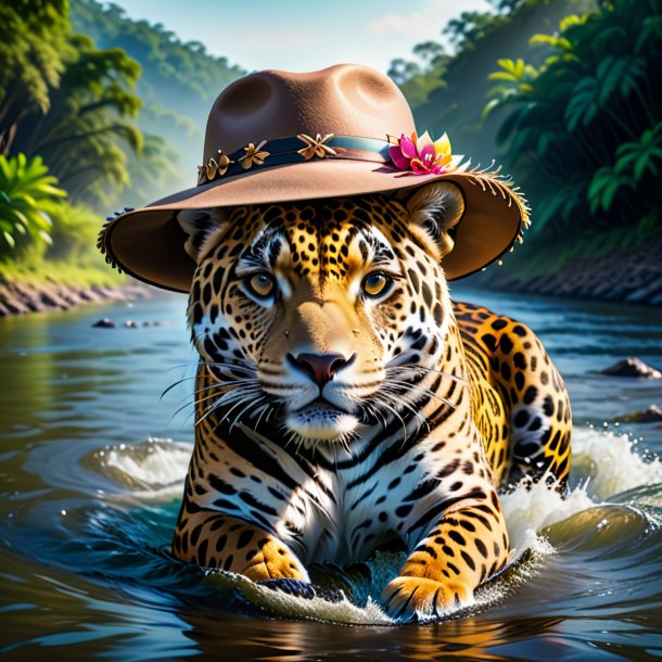 Pic of a jaguar in a hat in the river