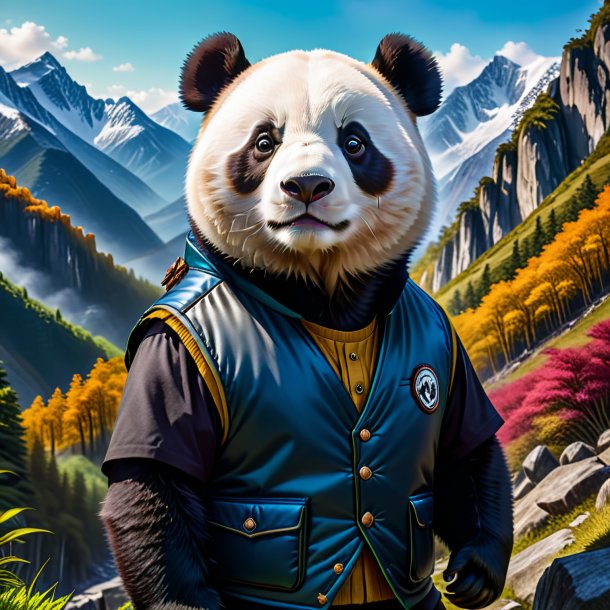 Imagem de um panda gigante em um colete nas montanhas