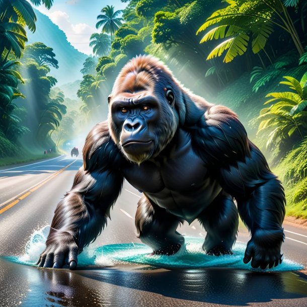 Picture of a swimming of a gorilla on the road