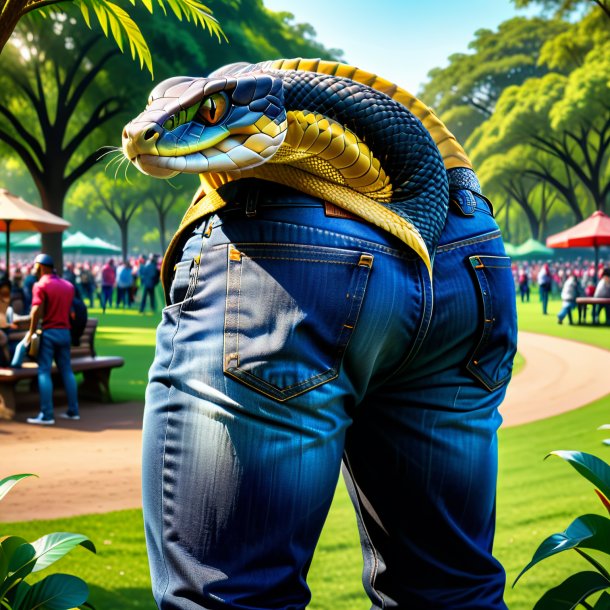 Desenho de uma cobra rei em um jeans no parque