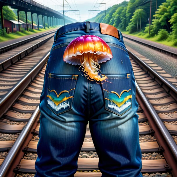 Ilustração de uma água-viva em um jeans nos trilhos ferroviários