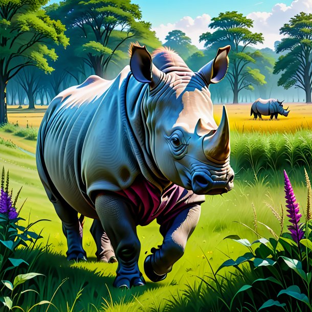 Drawing of a rhinoceros in a coat in the meadow