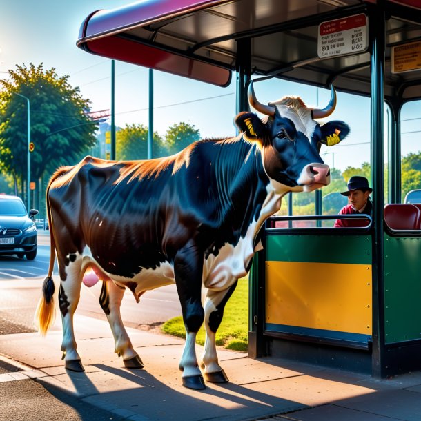 Photo of a playing of a cow on the bus stop