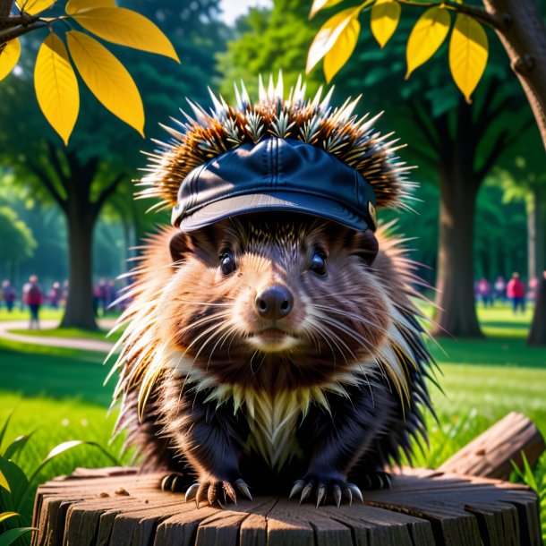 Foto de um porco-espinho em um boné no parque