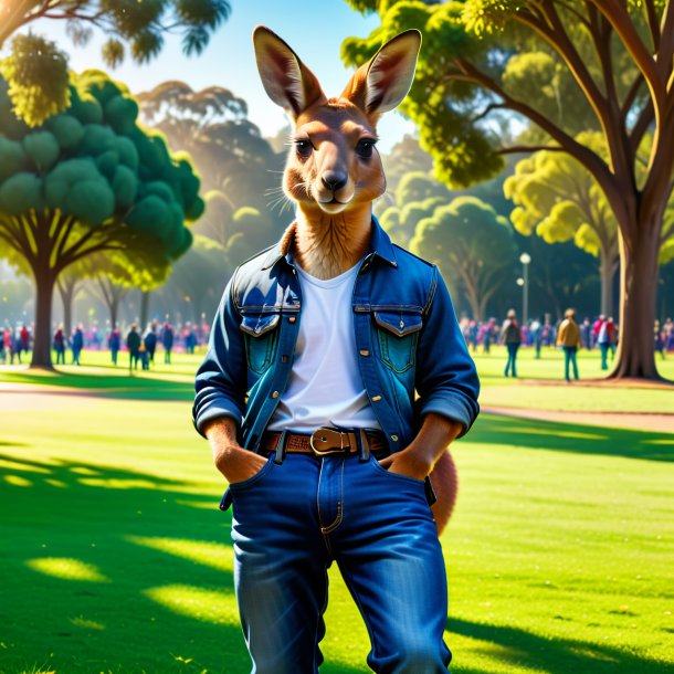 Image of a kangaroo in a jeans in the park