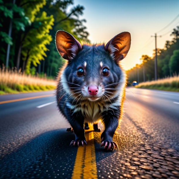 Uma foto de uma natação de um gambá na estrada