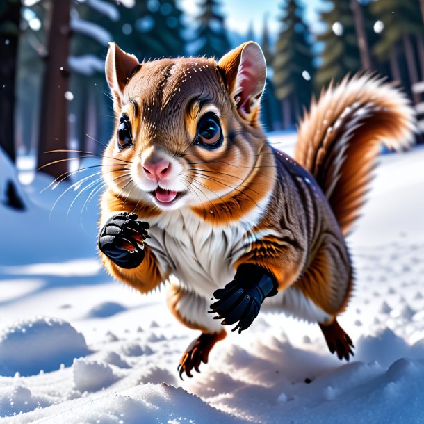 Pic d'un écureuil volant dans un gants dans la neige