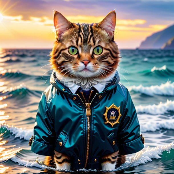 Photo of a cat in a jacket in the sea