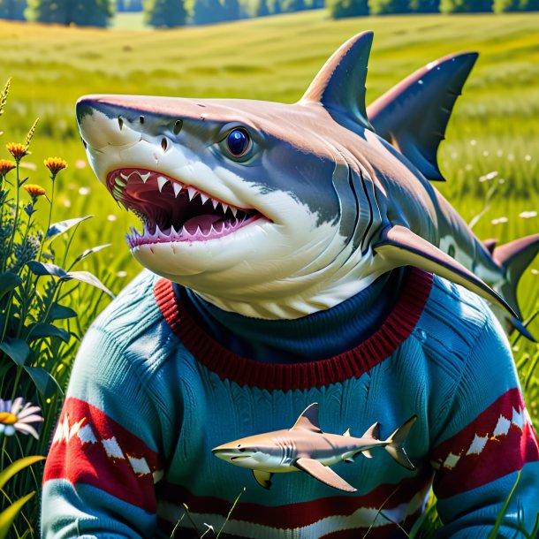 Image of a shark in a sweater in the meadow