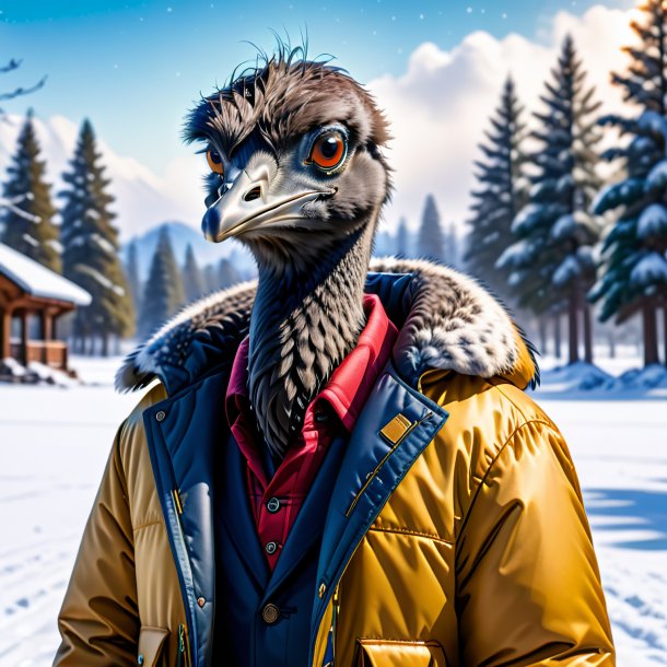 Picture of a emu in a jacket in the snow