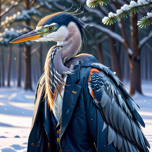 Illustration of a heron in a jacket in the snow