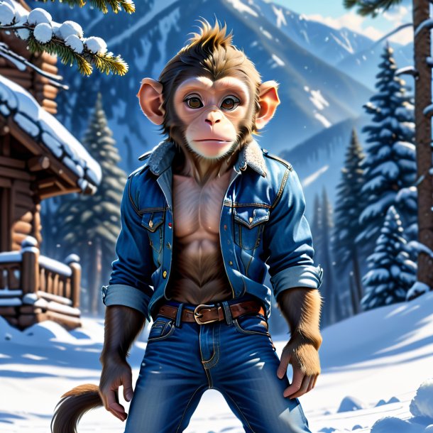 Desenho de um macaco em um jeans na neve