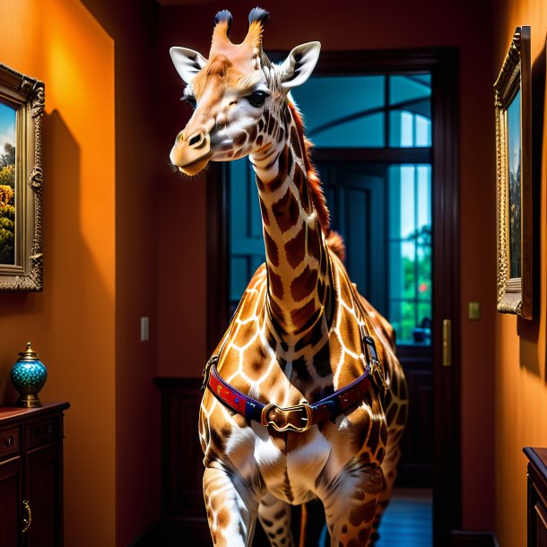 Photo of a giraffe in a belt in the house