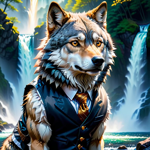 Image of a wolf in a vest in the waterfall