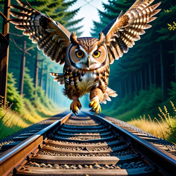 Image of a jumping of a owl on the railway tracks