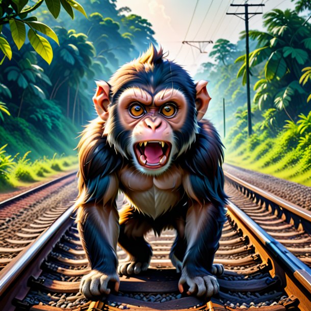 Pic of a angry of a monkey on the railway tracks