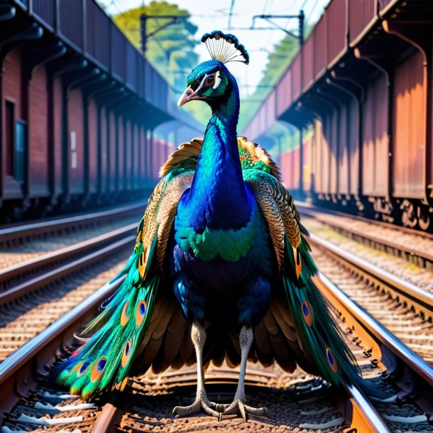 Foto de un pavo real en un abrigo en las vías del tren