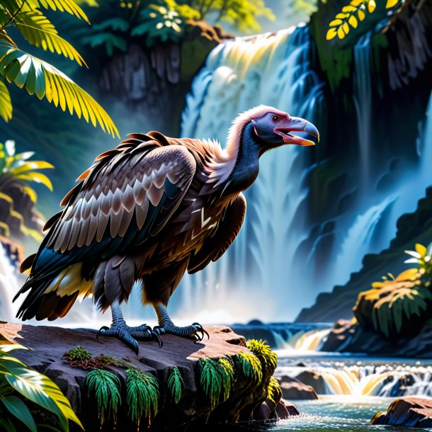 Photo of a drinking of a vulture in the waterfall