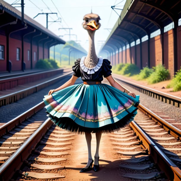 Illustration of a ostrich in a skirt on the railway tracks