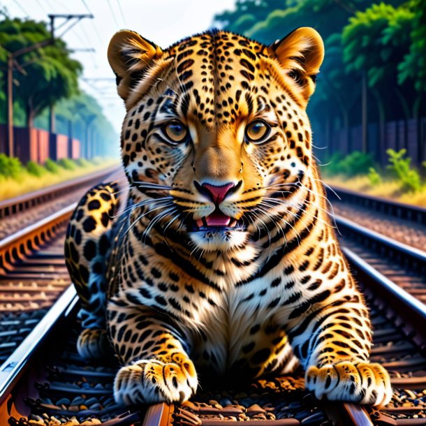 Retrato de um sorriso de um leopardo nos trilhos ferroviários