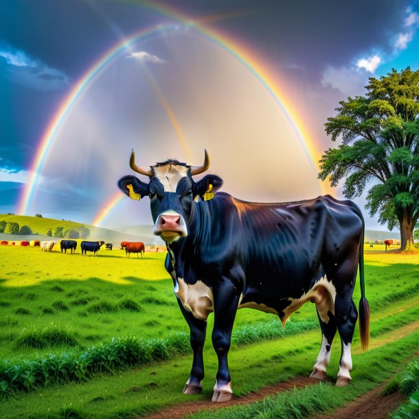 Foto de una espera de una vaca en el arco iris