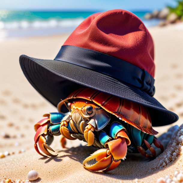 Picture of a hermit crab in a hat on the beach